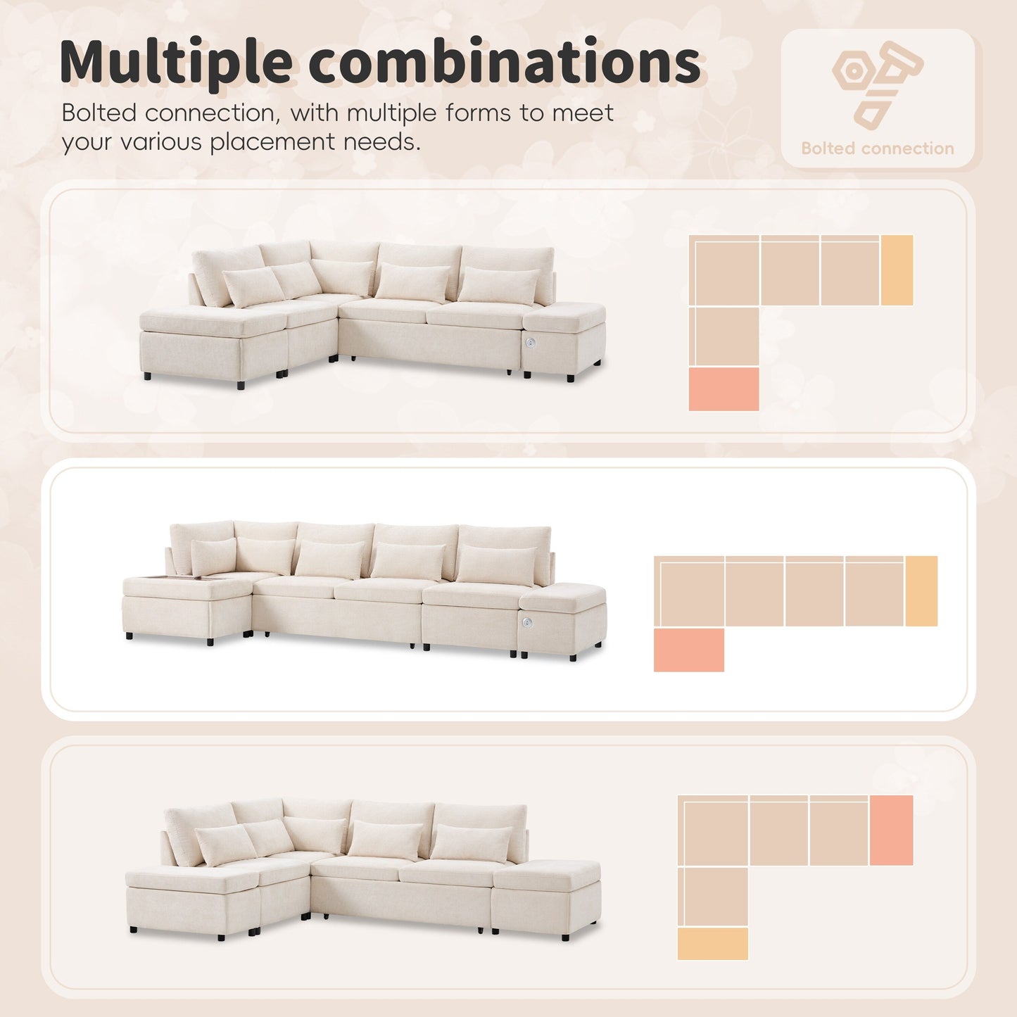 Divano letto componibile modulare estraibile con bracciolo di ricarica regolabile e pouf contenitore per soggiorno e appartamento