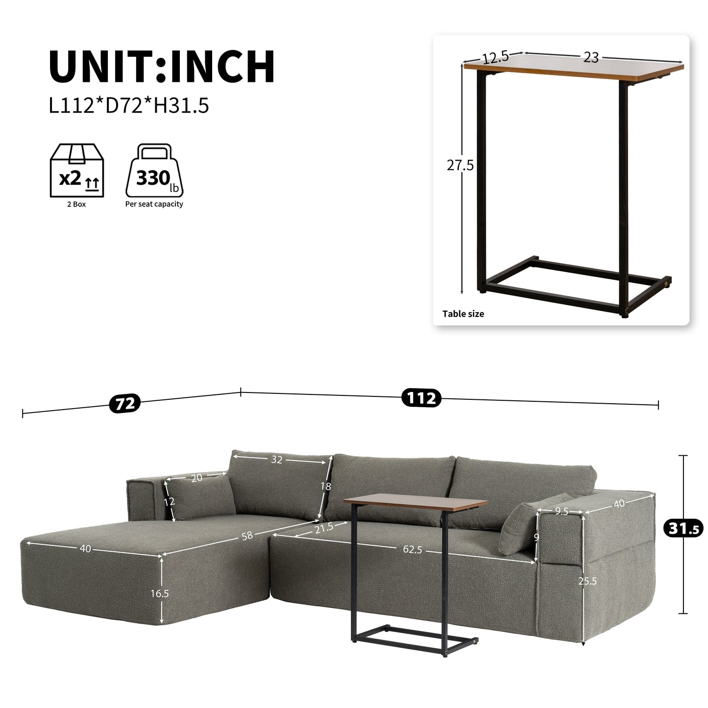 Divano componibile modulare con tavolino laterale gratuito, seduta ampia, divano in tessuto bouclé completamente compresso e antipiega con chaise longue