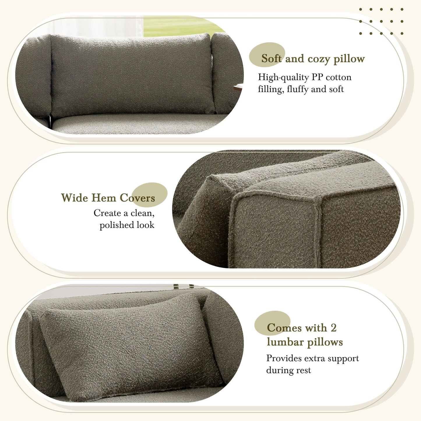 Divano componibile modulare con tavolino laterale gratuito, seduta ampia, divano in tessuto bouclé completamente compresso e antipiega con chaise longue