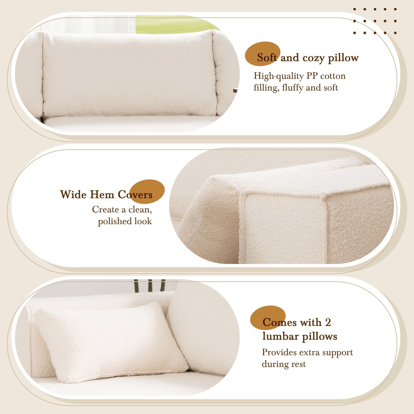 Divano componibile modulare con tavolino laterale gratuito, seduta ampia, divano in tessuto bouclé completamente compresso e antipiega con chaise longue