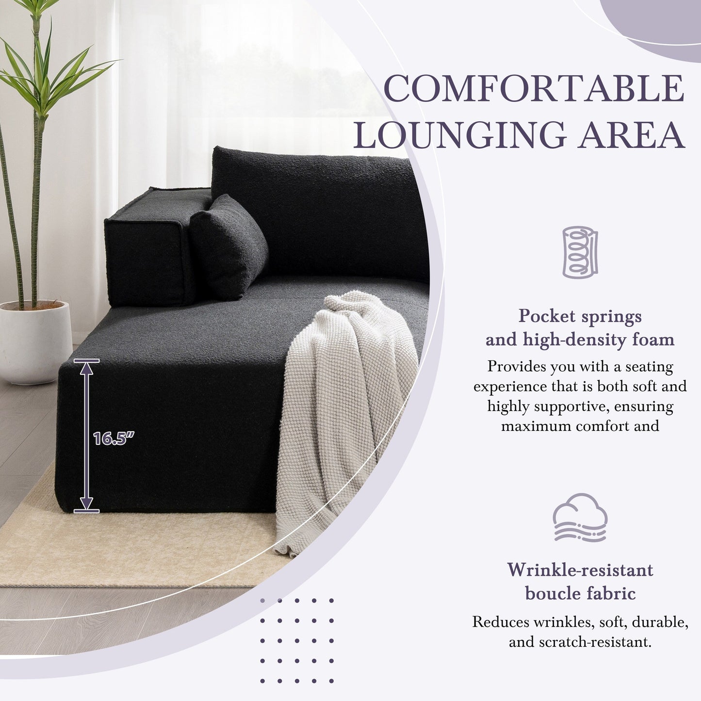 Divano componibile modulare con tavolino laterale gratuito, seduta ampia, divano in tessuto bouclé completamente compresso e antipiega con chaise longue