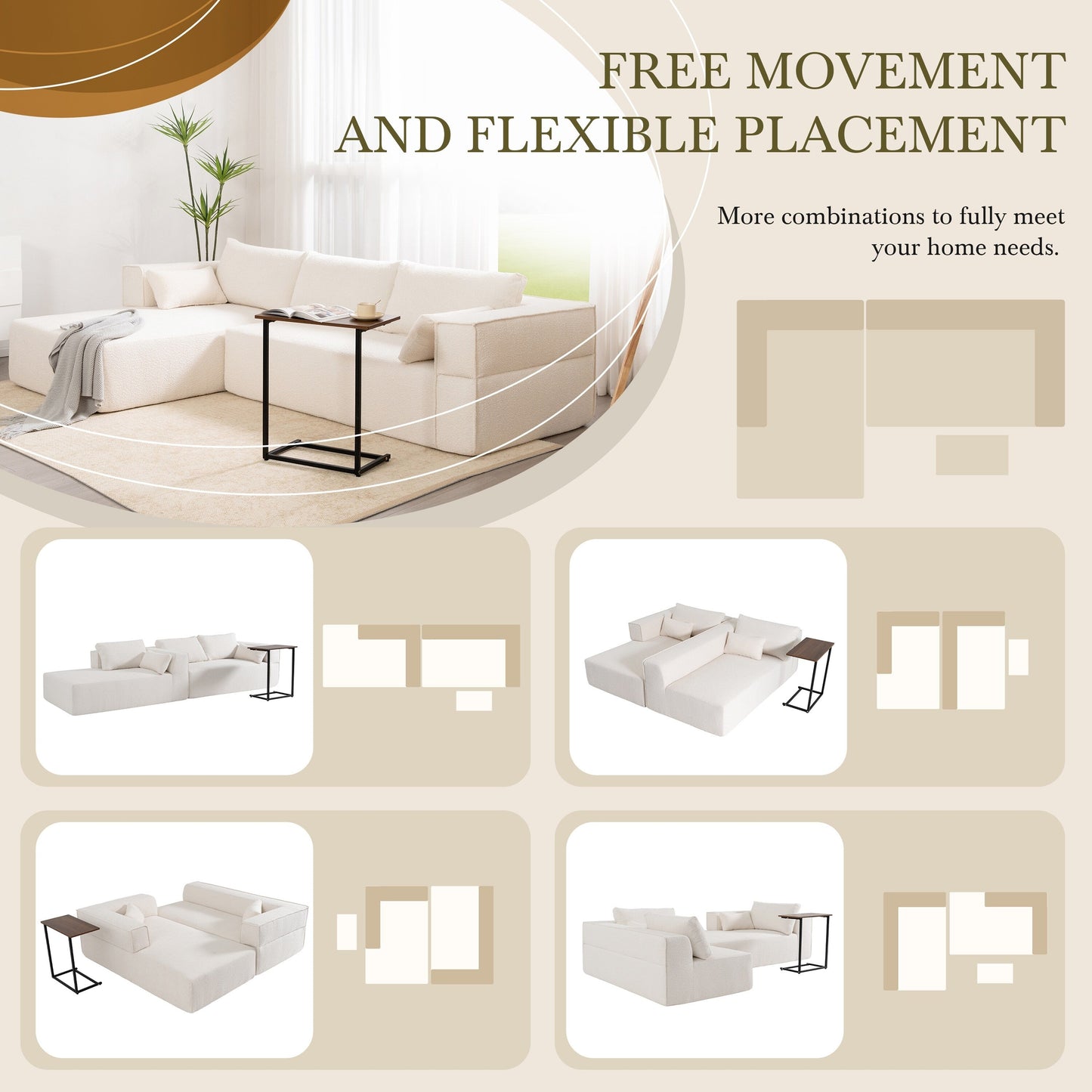 Divano componibile modulare con tavolino laterale gratuito, seduta ampia, divano in tessuto bouclé completamente compresso e antipiega con chaise longue