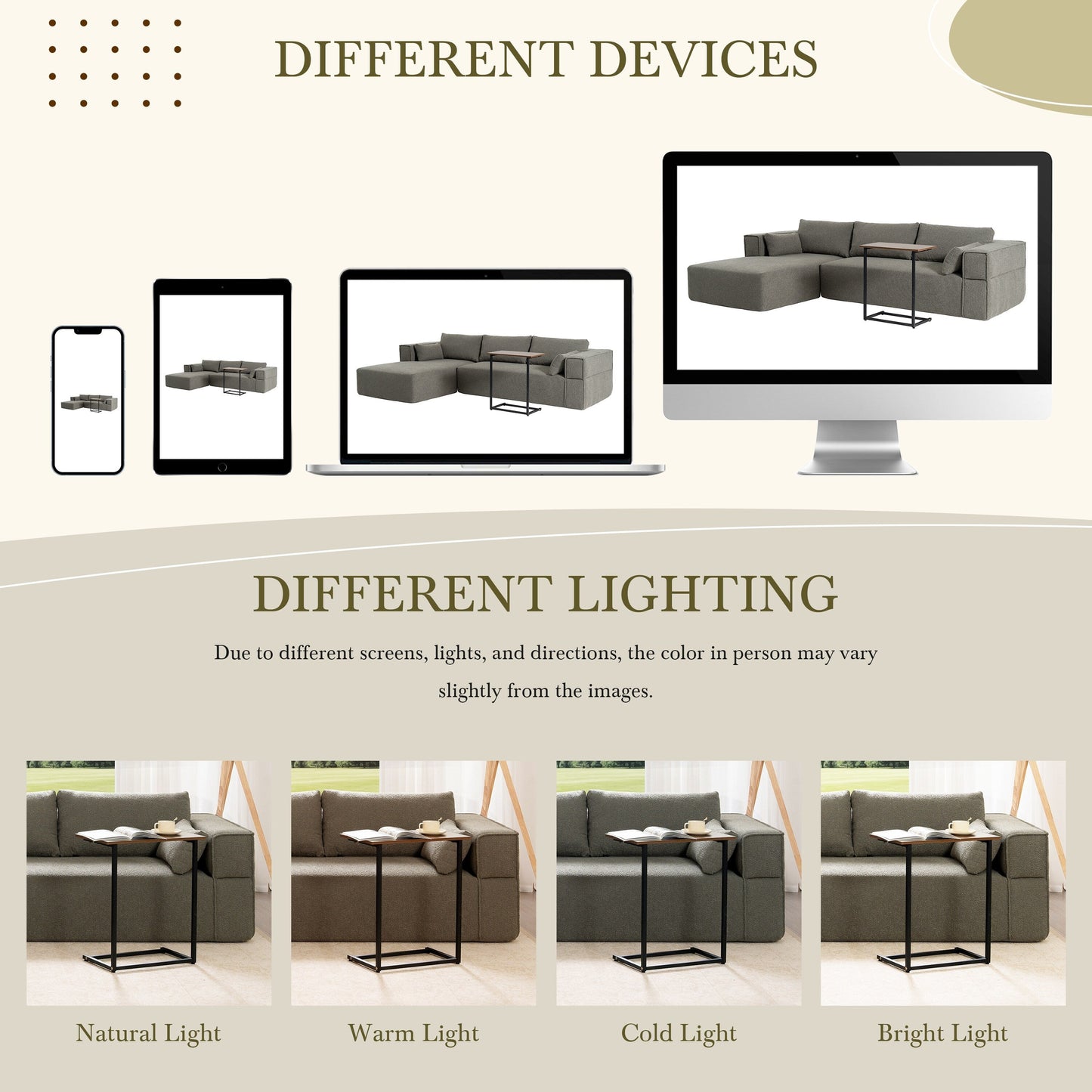 Divano componibile modulare con tavolino laterale gratuito, seduta ampia, divano in tessuto bouclé completamente compresso e antipiega con chaise longue