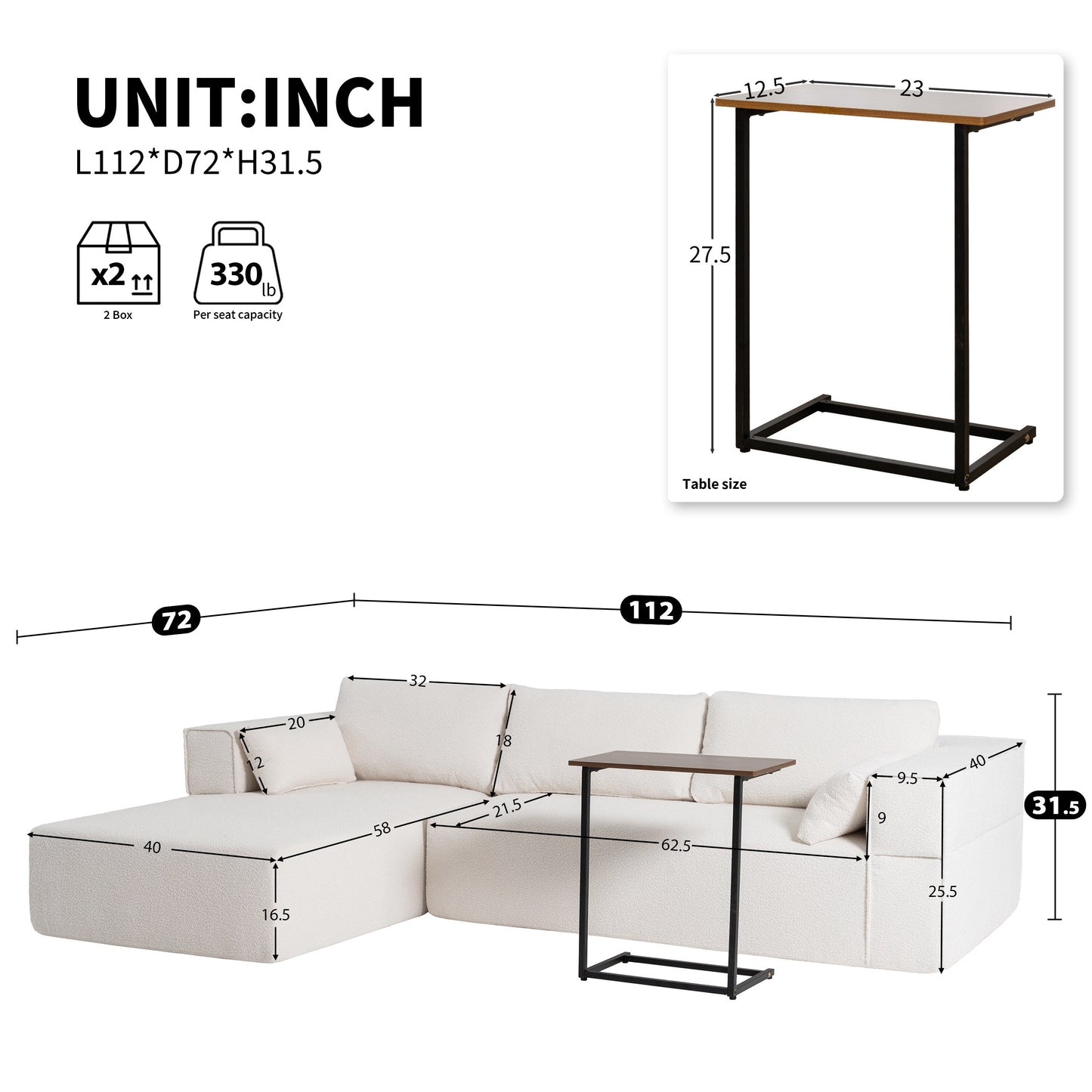 Divano componibile modulare con tavolino laterale gratuito, seduta ampia, divano in tessuto bouclé completamente compresso e antipiega con chaise longue