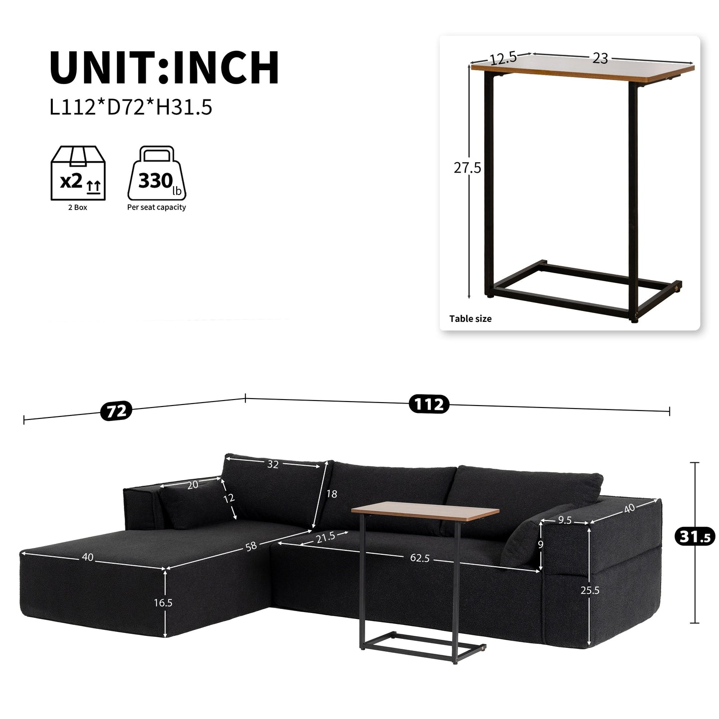 Divano componibile modulare con tavolino laterale gratuito, seduta ampia, divano in tessuto bouclé completamente compresso e antipiega con chaise longue