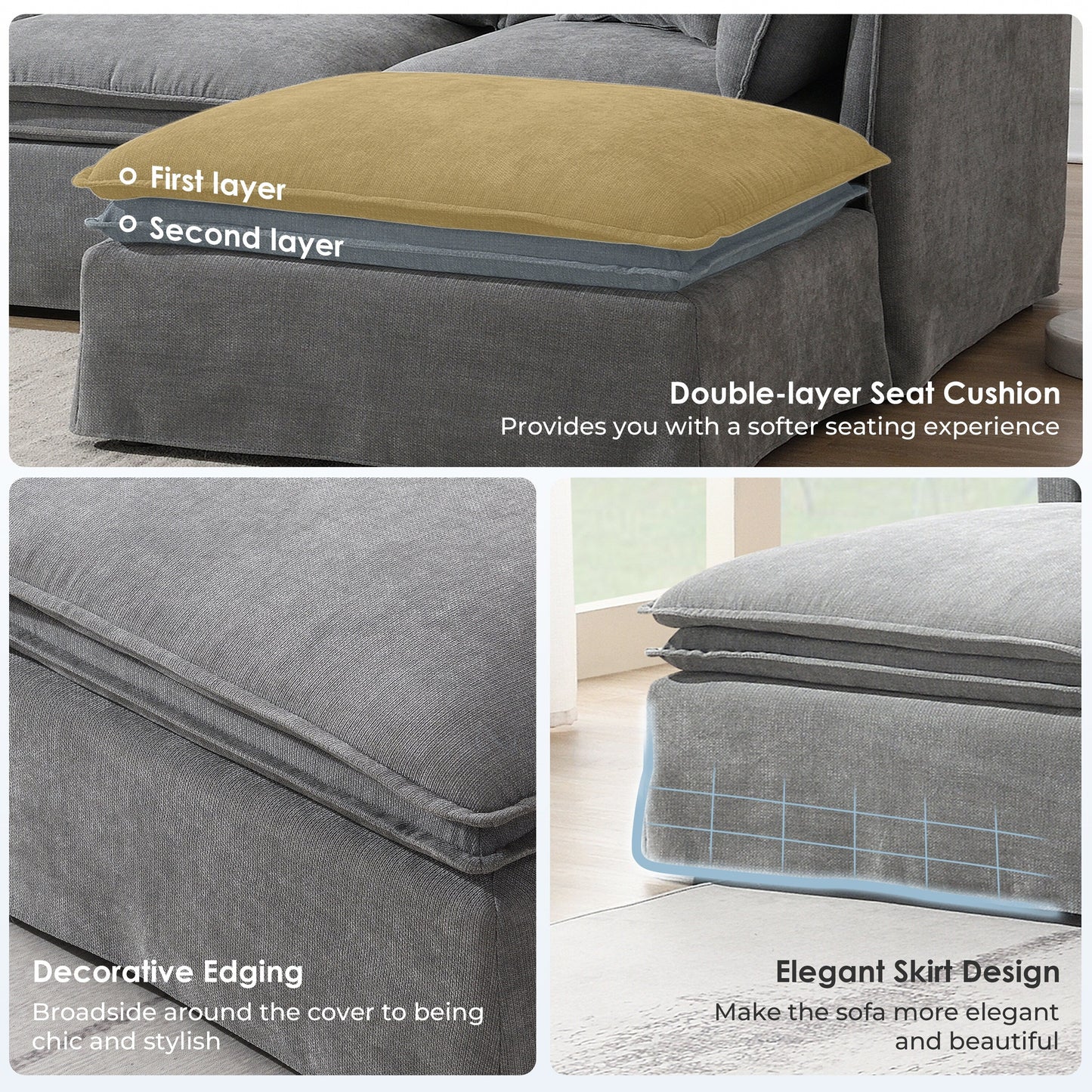 Divano componibile modulare con pouf mobile, arredamento per interni imbottito a L, seduta ampia, combinazione libera, divano in ciniglia