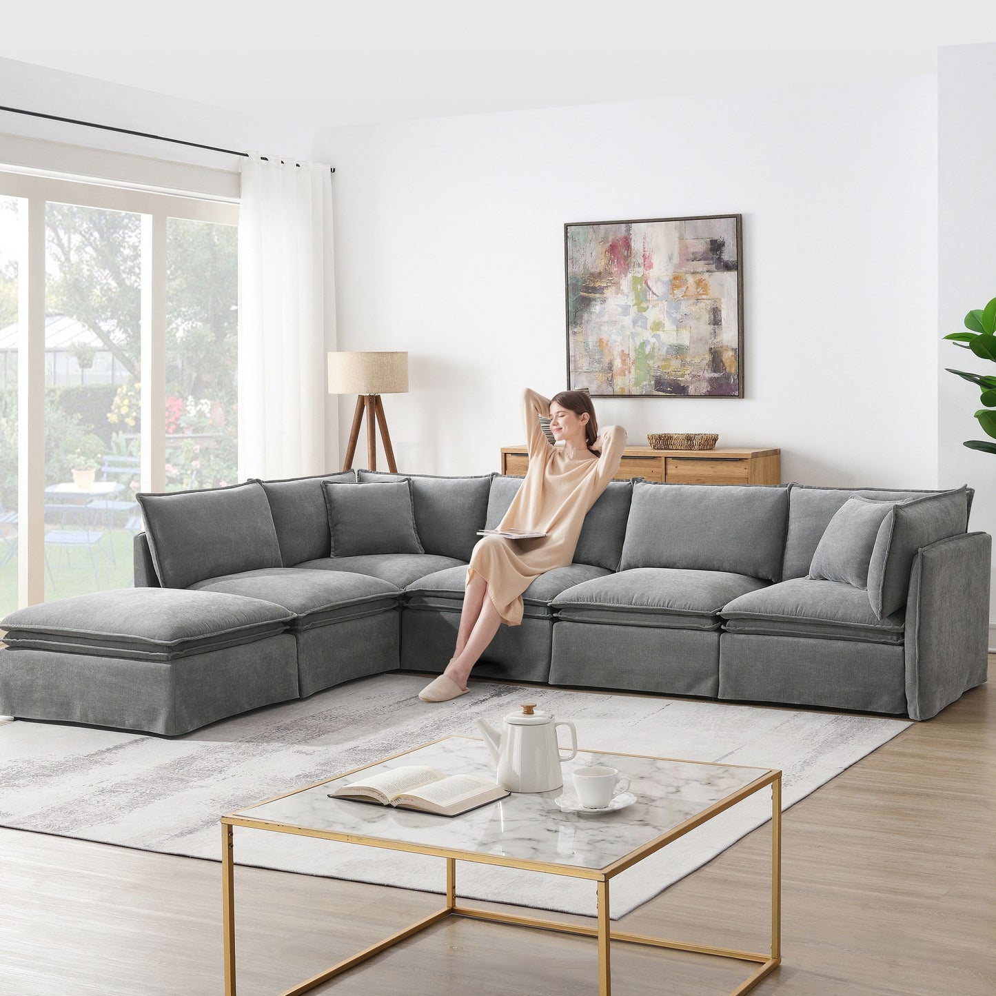 Divano componibile modulare con pouf mobile, arredamento per interni imbottito a L, seduta ampia, combinazione libera, divano in ciniglia