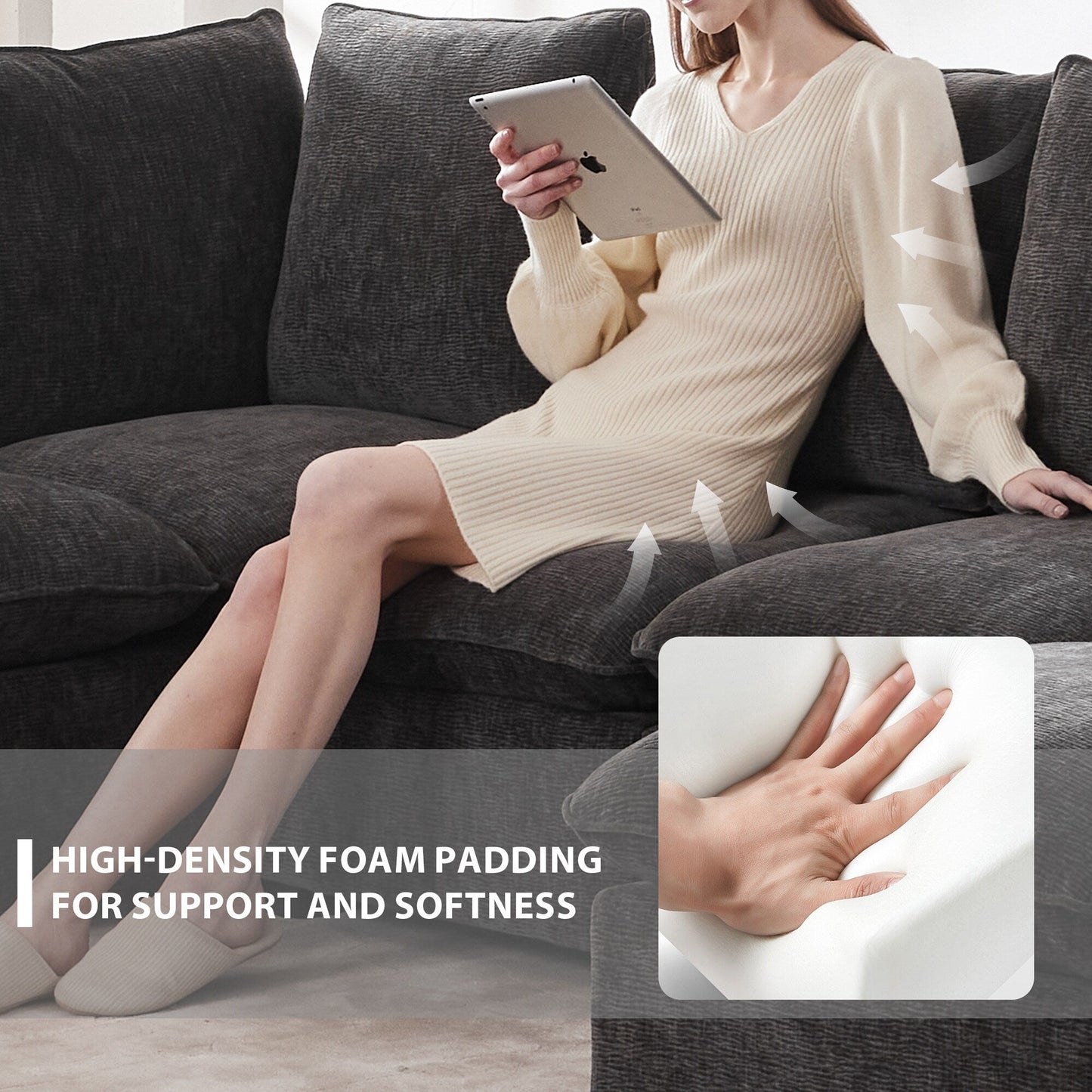 Divano modulare, set di divani componibili in ciniglia a 4 posti con 2 cuscini inclusi, liberamente combinabili