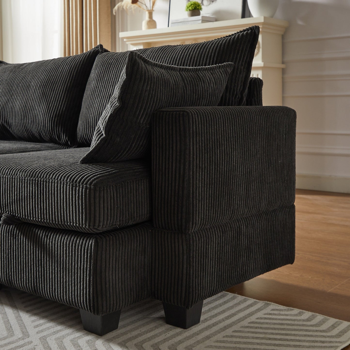 Divano componibile modulare a forma di U in velluto a coste, divano trasformabile a 6 posti con pouf contenitore e chaise longue per soggiorno