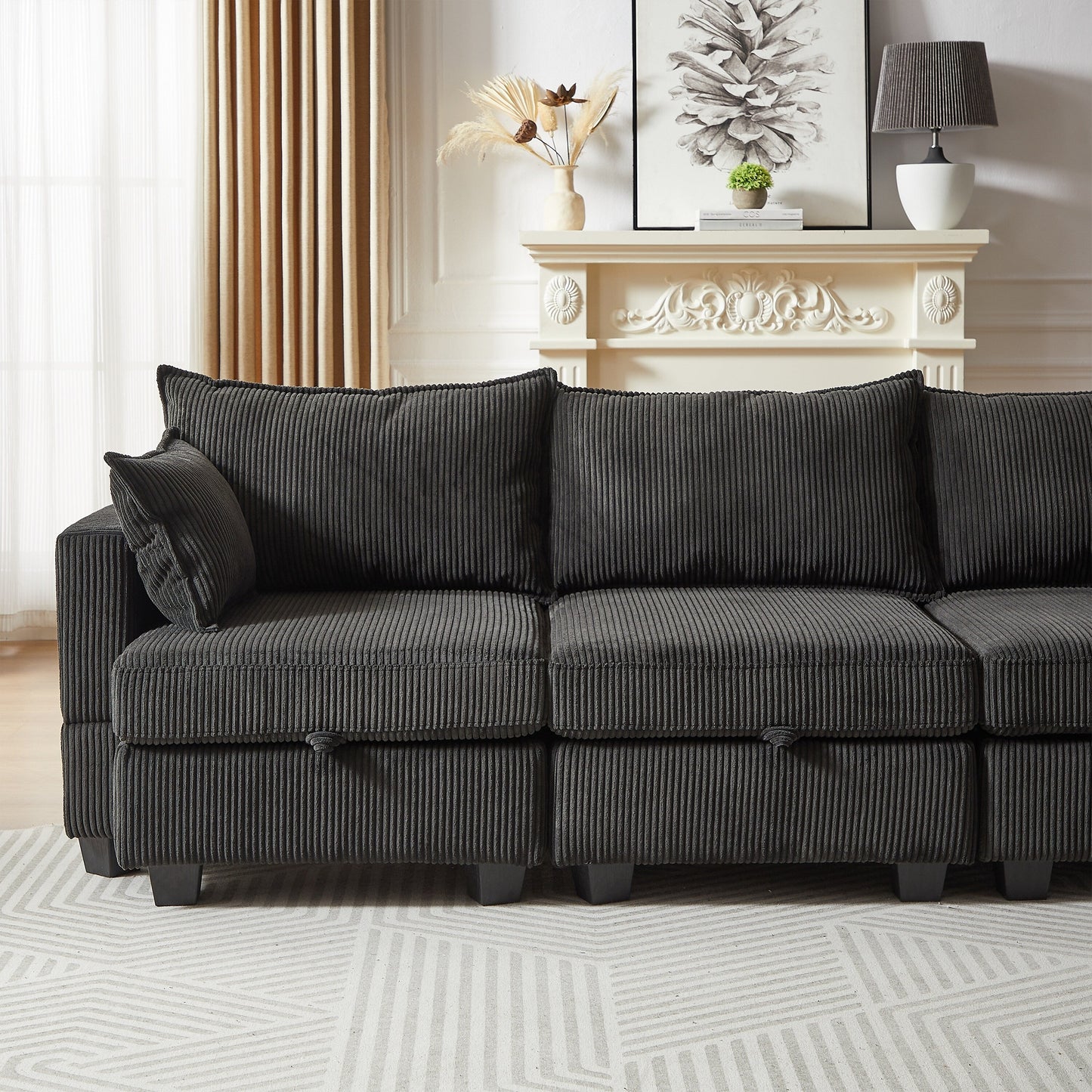 Divano componibile modulare a forma di U in velluto a coste, divano trasformabile a 6 posti con pouf contenitore e chaise longue per soggiorno