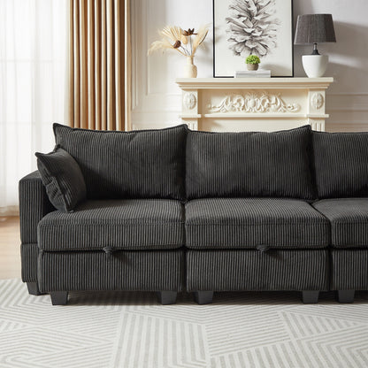 Divano componibile modulare a forma di U in velluto a coste, divano trasformabile a 6 posti con pouf contenitore e chaise longue per soggiorno