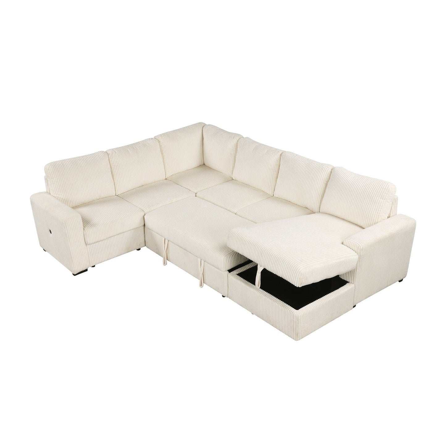 Divano letto componibile modulare a forma di U in velluto a coste, 6 posti, convertibile, con chaise longue contenitore e porte USB per soggiorno