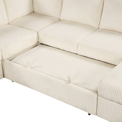 Divano letto componibile modulare a forma di U in velluto a coste, 6 posti, convertibile, con chaise longue contenitore e porte USB per soggiorno