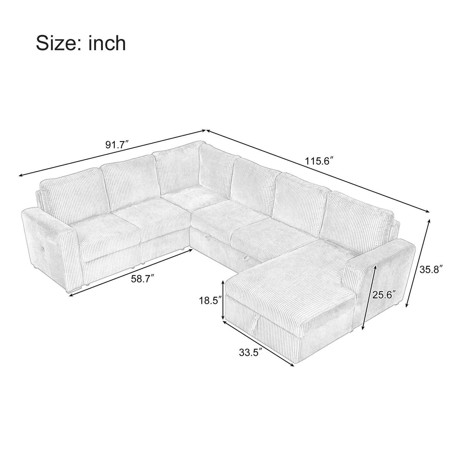 Divano letto componibile modulare a forma di U in velluto a coste, 6 posti, convertibile, con chaise longue contenitore e porte USB per soggiorno