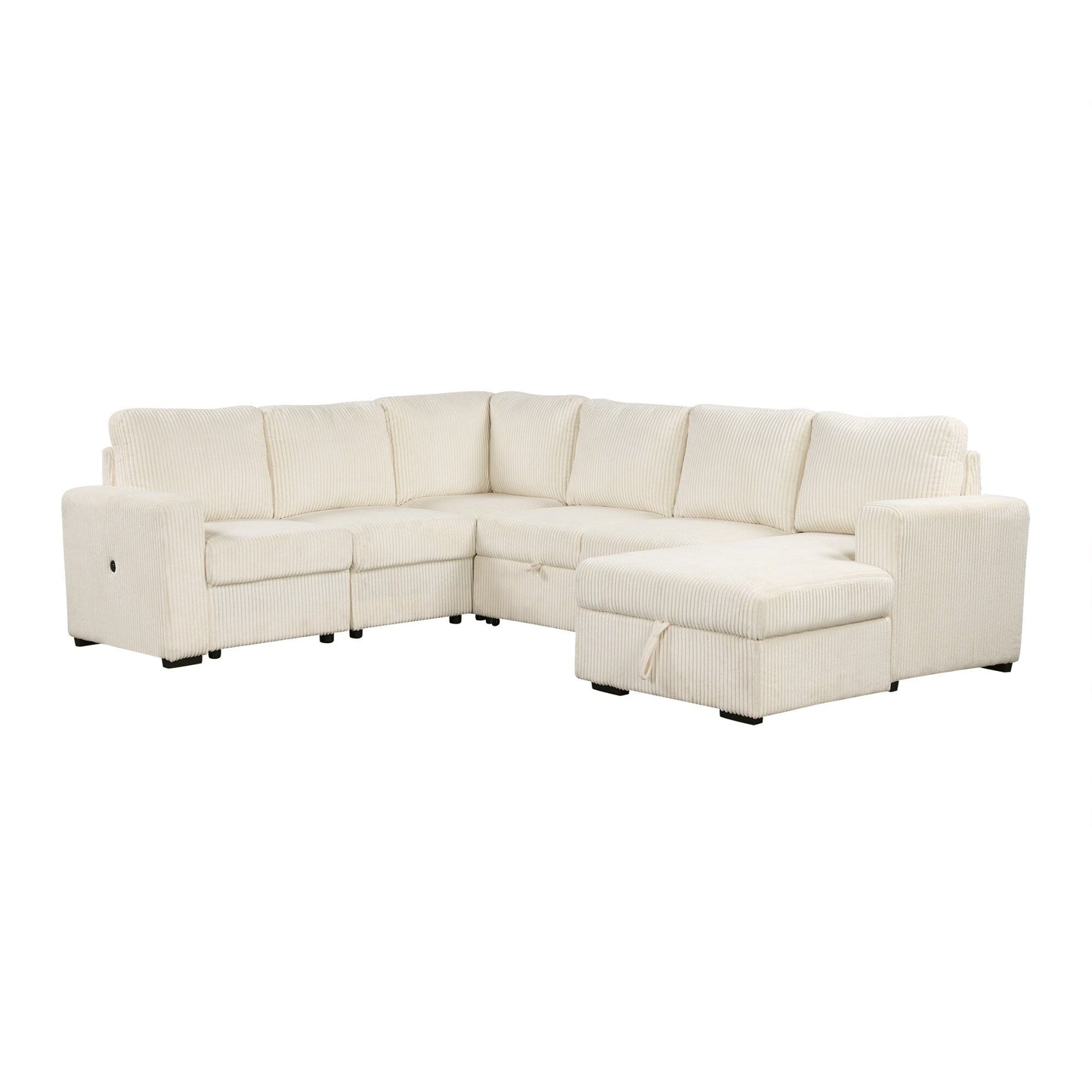 Divano letto componibile modulare a forma di U in velluto a coste, 6 posti, convertibile, con chaise longue contenitore e porte USB per soggiorno