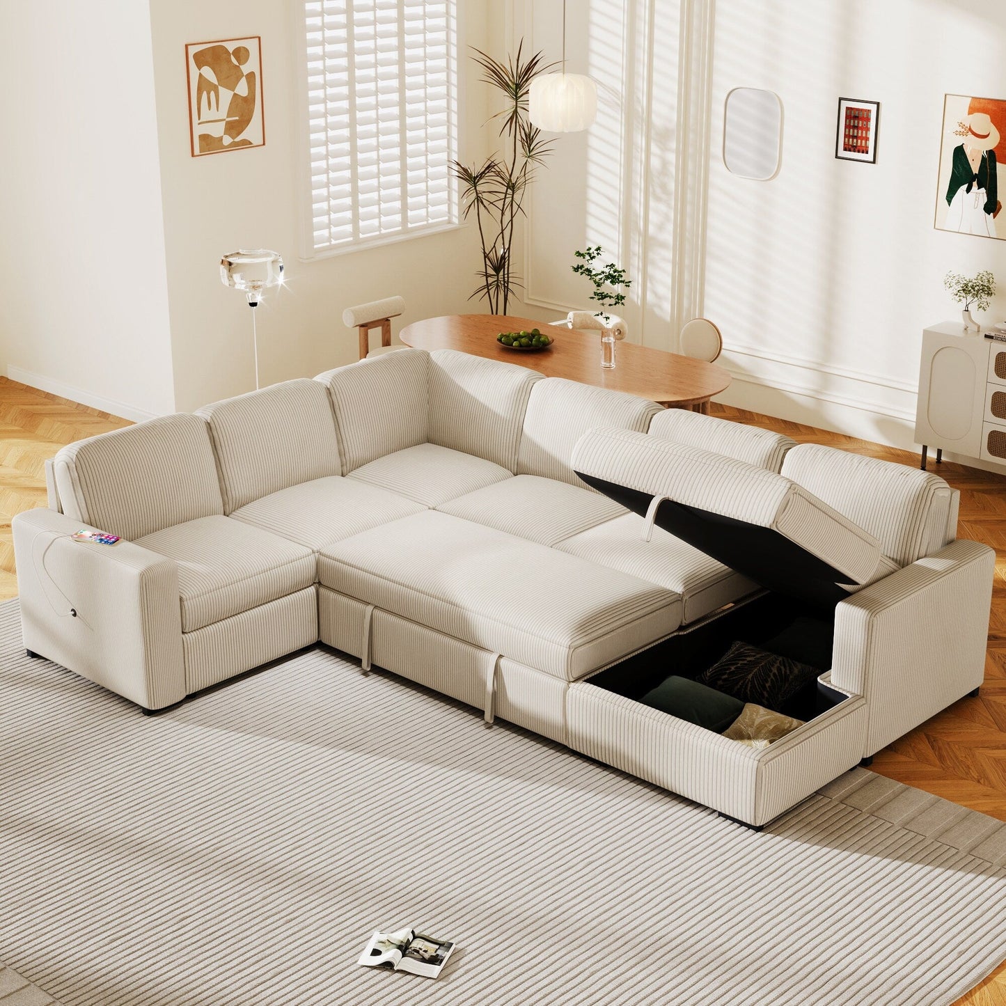 Divano letto componibile modulare a forma di U in velluto a coste, 6 posti, convertibile, con chaise longue contenitore e porte USB per soggiorno
