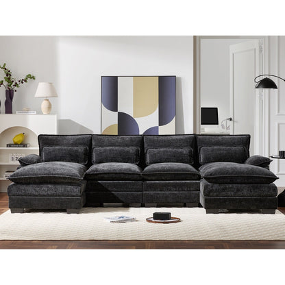 Divano componibile modulare a forma di U con cuscini in vita, set di divani simmetrici imbottiti a 6 posti, divano a forma di nuvola in ciniglia con chaise longue