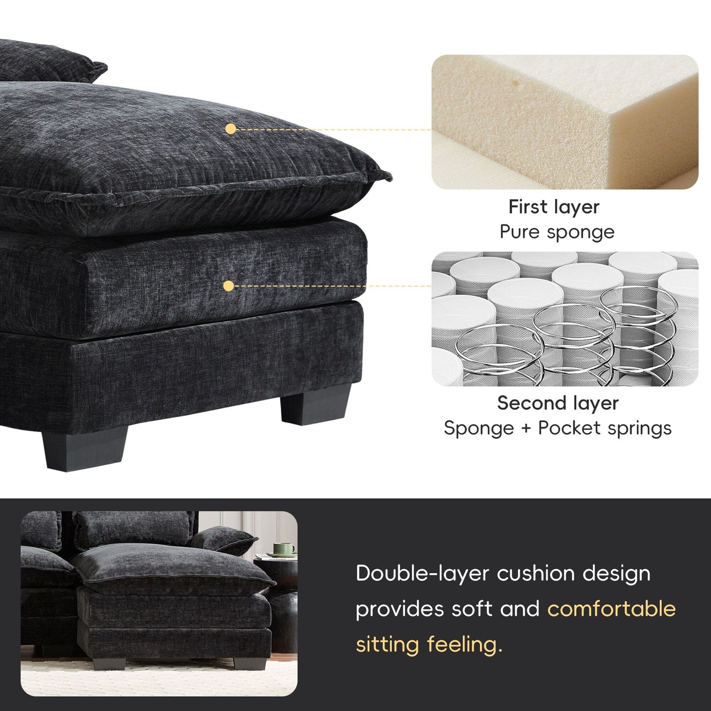 Divano componibile modulare a forma di U con cuscini in vita, set di divani simmetrici imbottiti a 6 posti, divano a forma di nuvola in ciniglia con chaise longue