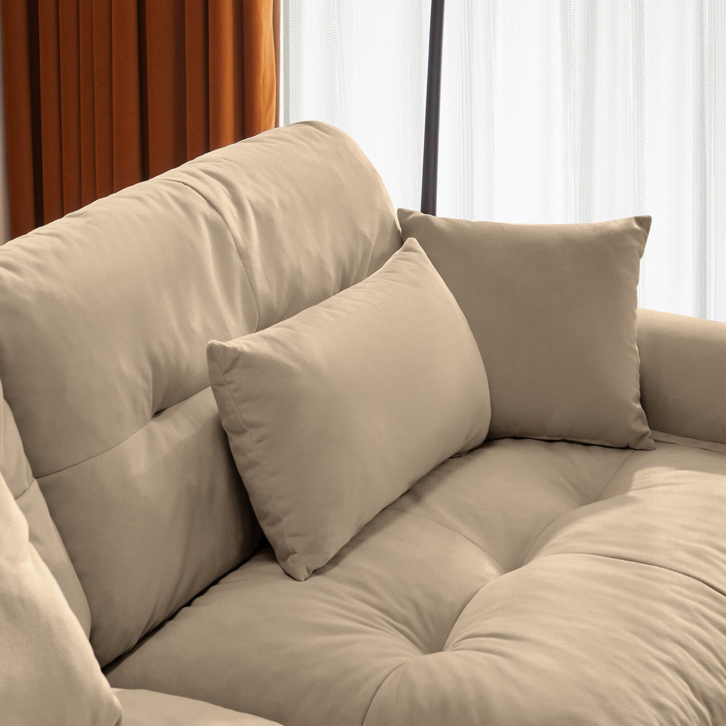 Divano componibile modulare in velluto, divano a forma di L con seduta profonda, pouf e braccioli rinforzati per soggiorno