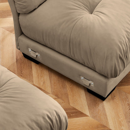 Divano componibile modulare in velluto, divano a forma di L con seduta profonda, pouf e braccioli rinforzati per soggiorno