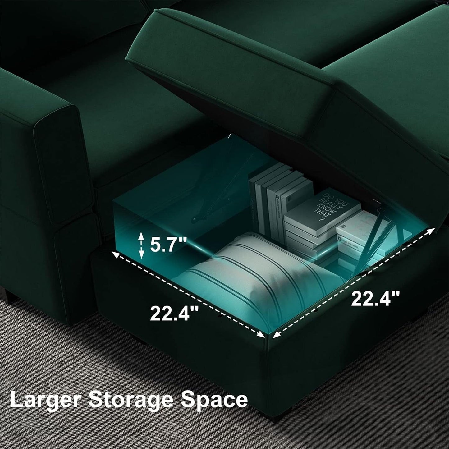 Divano componibile in velluto con chaise longue - Divano letto con chaise longue contenitore per soggiorno, verde