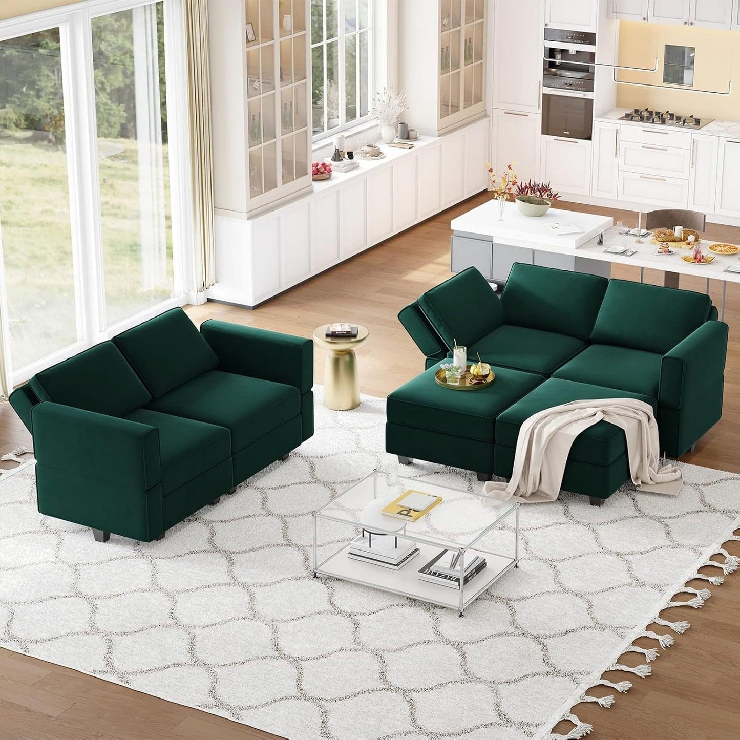 Divano componibile in velluto con chaise longue - Divano letto con chaise longue contenitore per soggiorno, verde