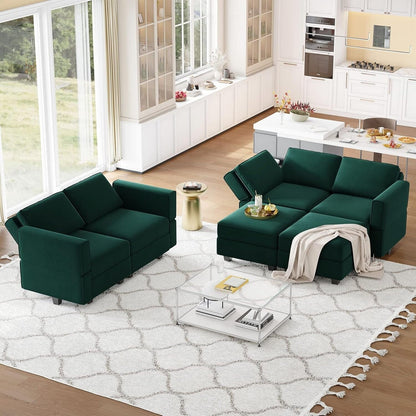 Divano componibile in velluto con chaise longue - Divano letto con chaise longue contenitore per soggiorno, verde