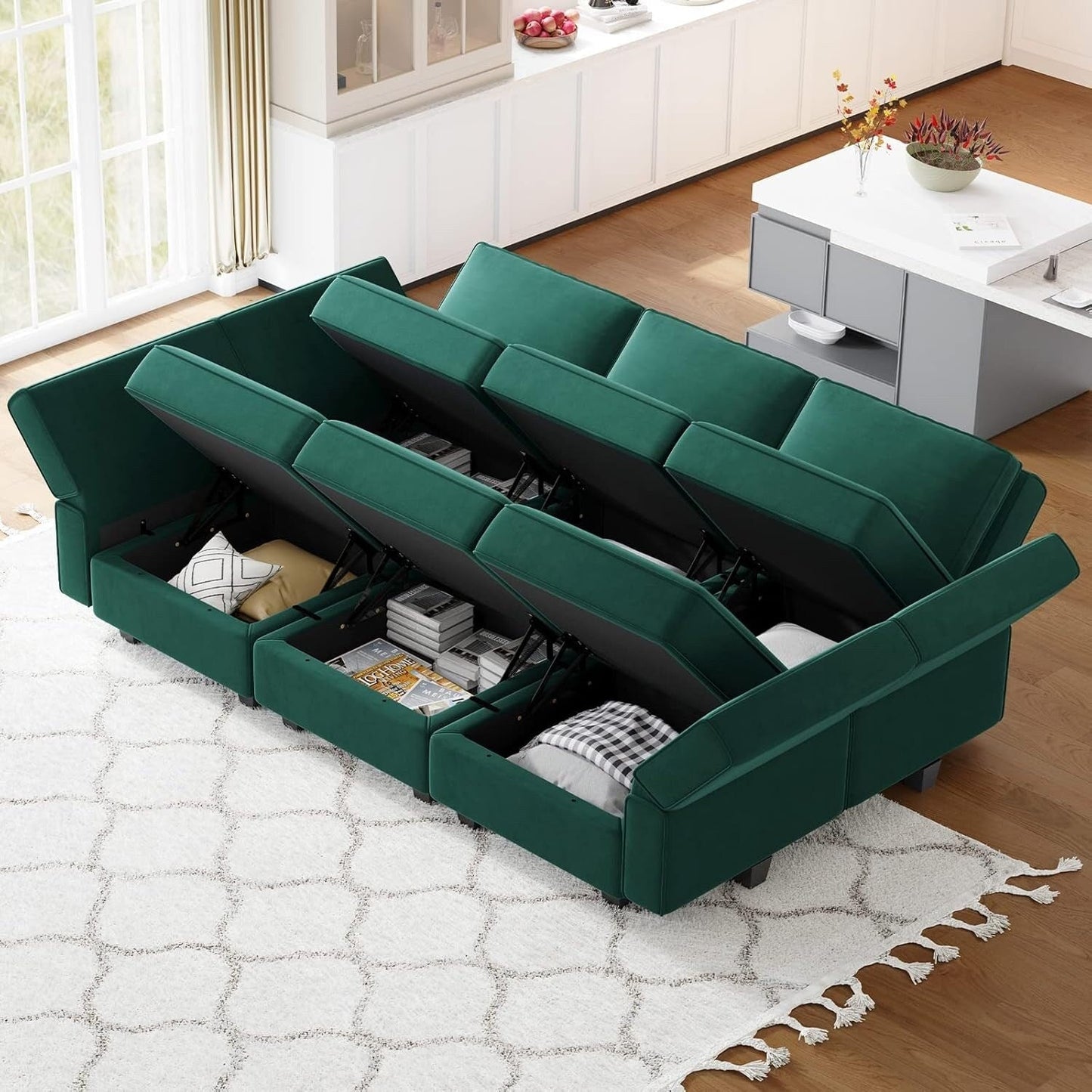 Divano componibile in velluto con chaise longue - Divano letto con chaise longue contenitore per soggiorno, verde
