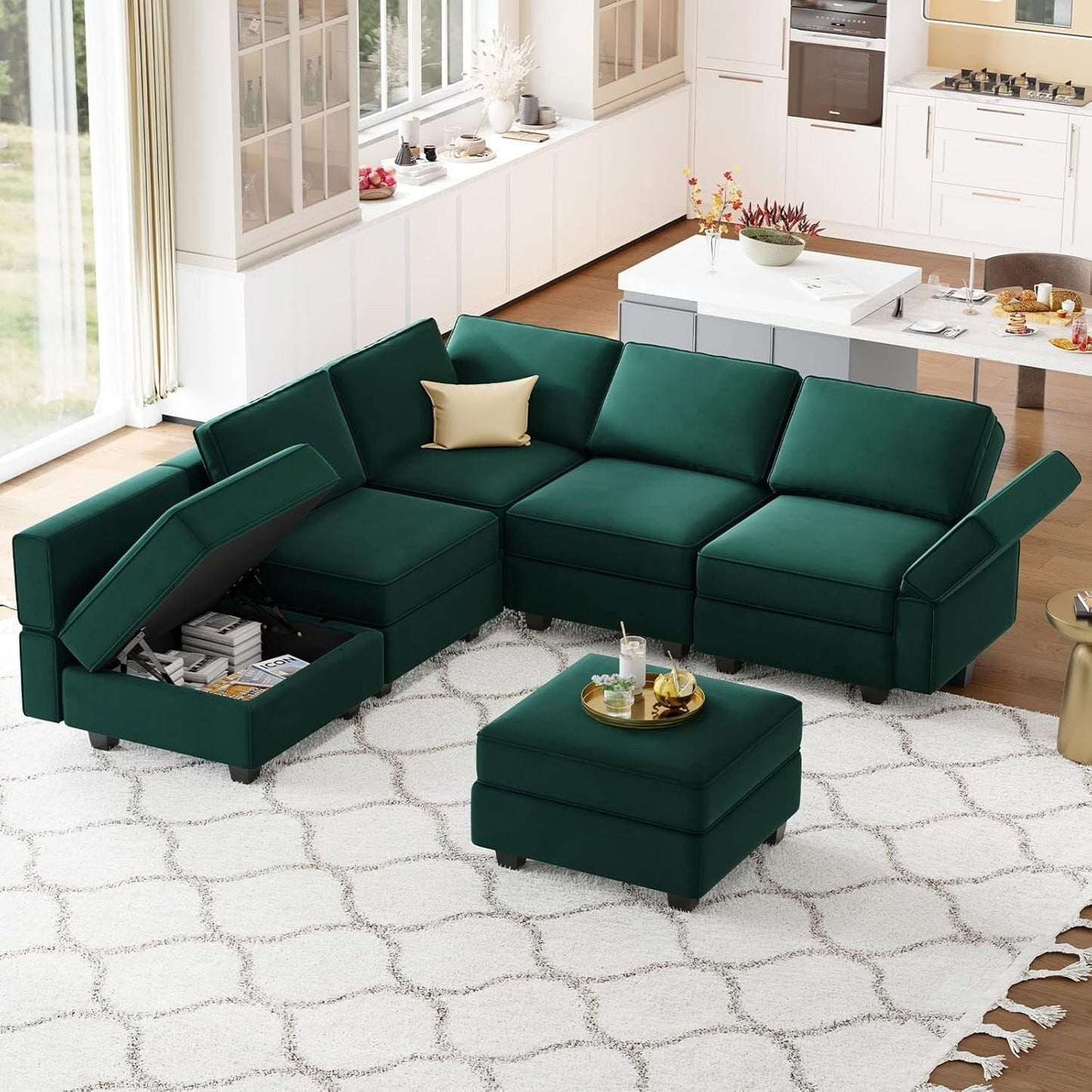 Divano componibile in velluto con chaise longue - Divano letto con chaise longue contenitore per soggiorno, verde