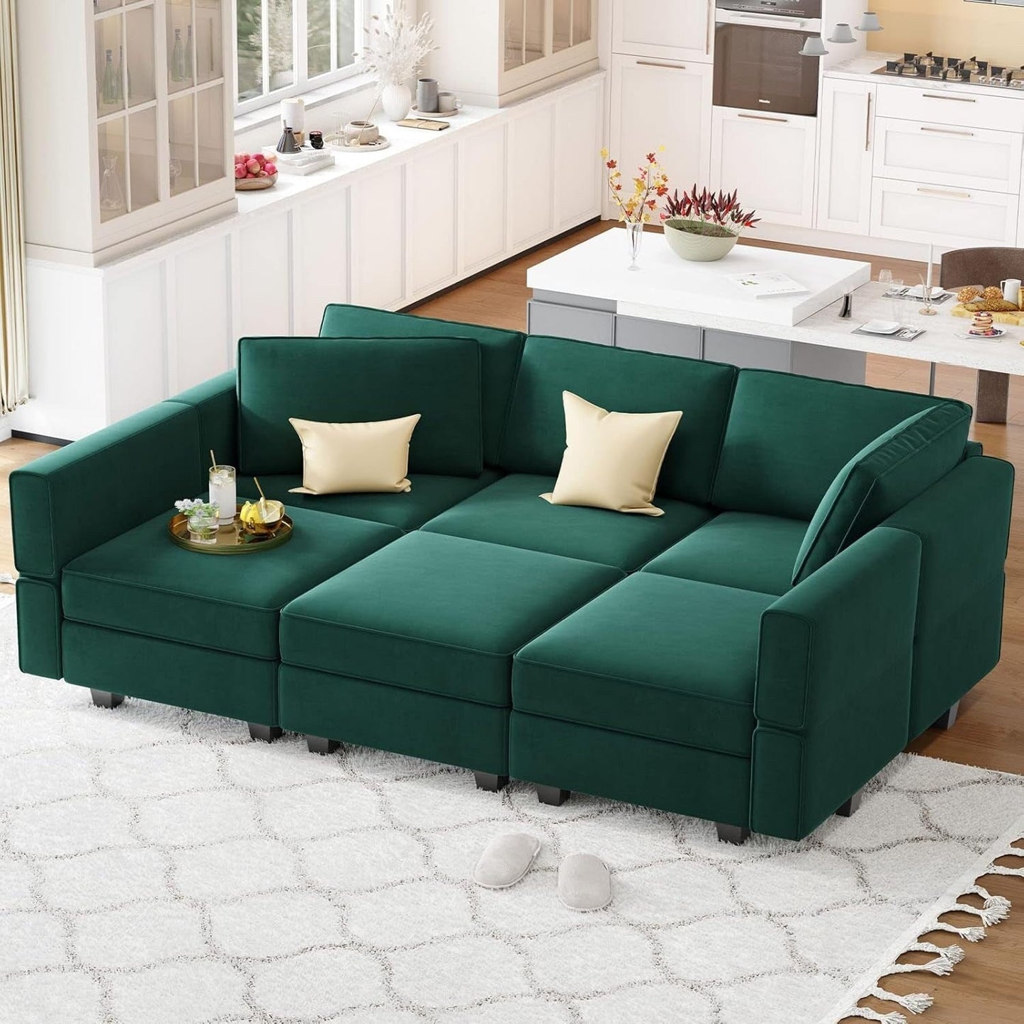 Divano componibile in velluto con chaise longue - Divano letto con chaise longue contenitore per soggiorno, verde