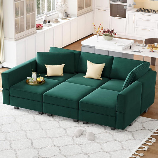 Divano componibile in velluto con chaise longue - Divano letto con chaise longue contenitore per soggiorno, verde