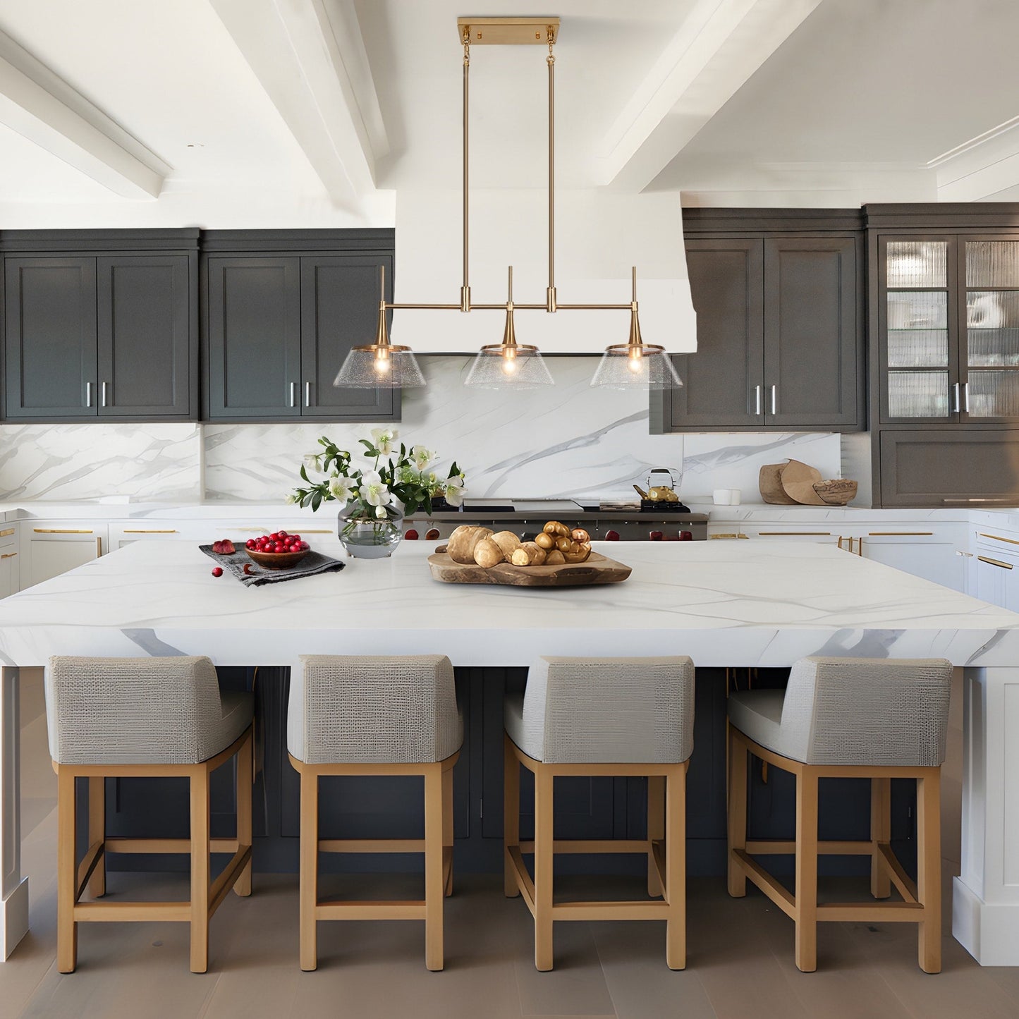 Lampadario lineare a isola Mola Modern Gold a 3 luci in vetro seminato per sala da pranzo