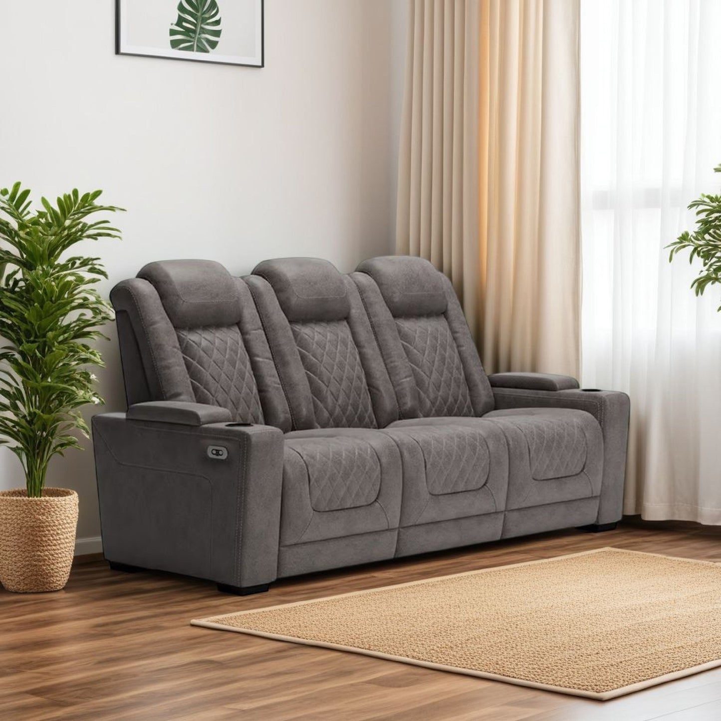 Divano reclinabile elettrico Montt, porta USB, similpelle grigio opaco, 82 pollici