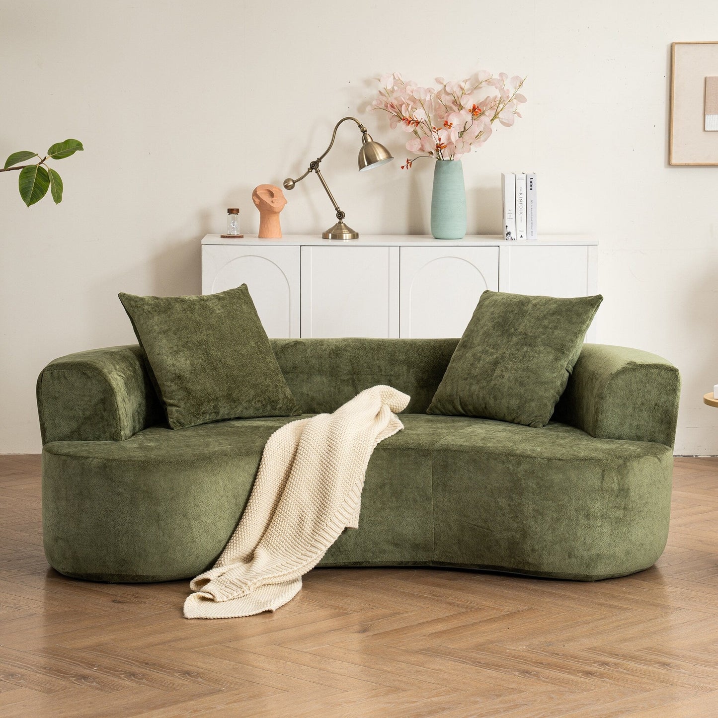 Divano a forma di luna, divano letto moderno con seduta profonda, divano con compressione in spugna non assemblabile (tessuto in ciniglia verde)