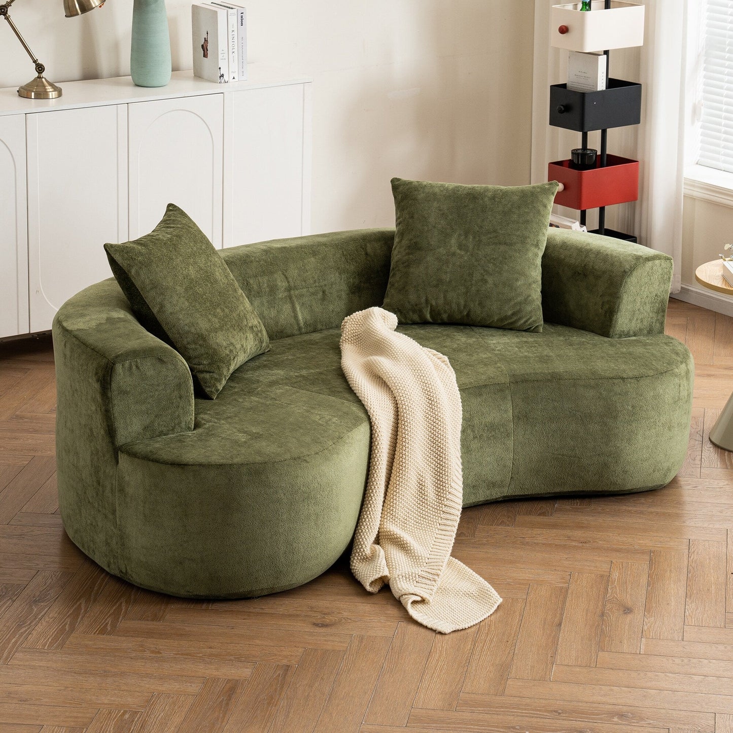 Divano a forma di luna, divano letto moderno con seduta profonda, divano con compressione in spugna non assemblabile (tessuto in ciniglia verde)