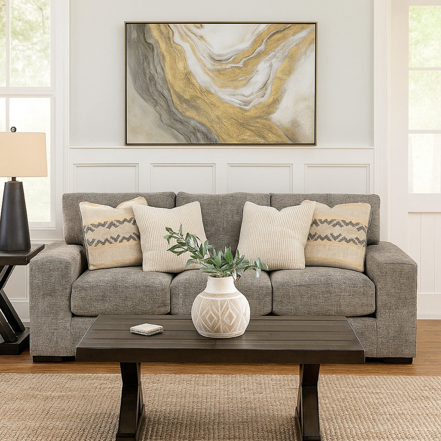 Divano Mord, 96 pollici, morbido poliestere grigio chiaro, 4 cuscini decorativi