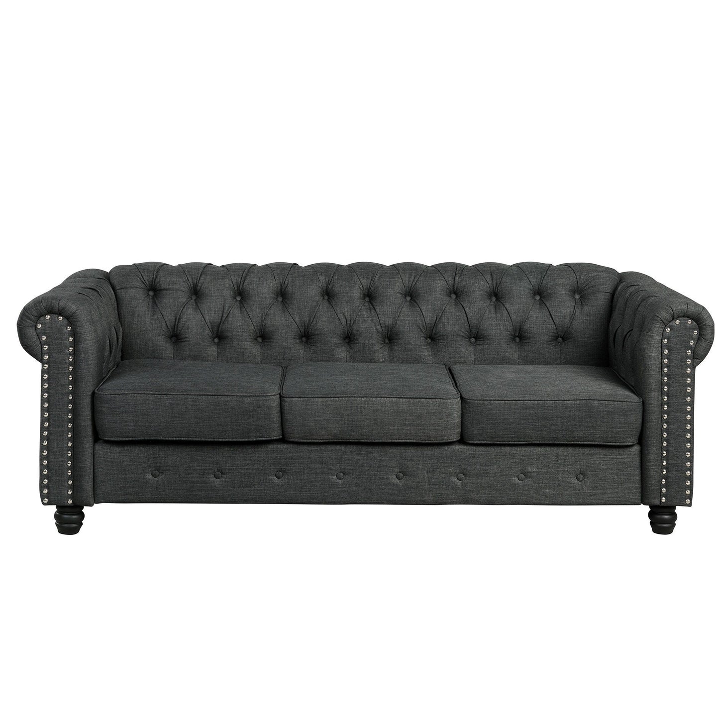 Divano Chesterfield Morden Fort Linen con bottoni trapuntati, borchie e gambe in legno massello per soggiorno