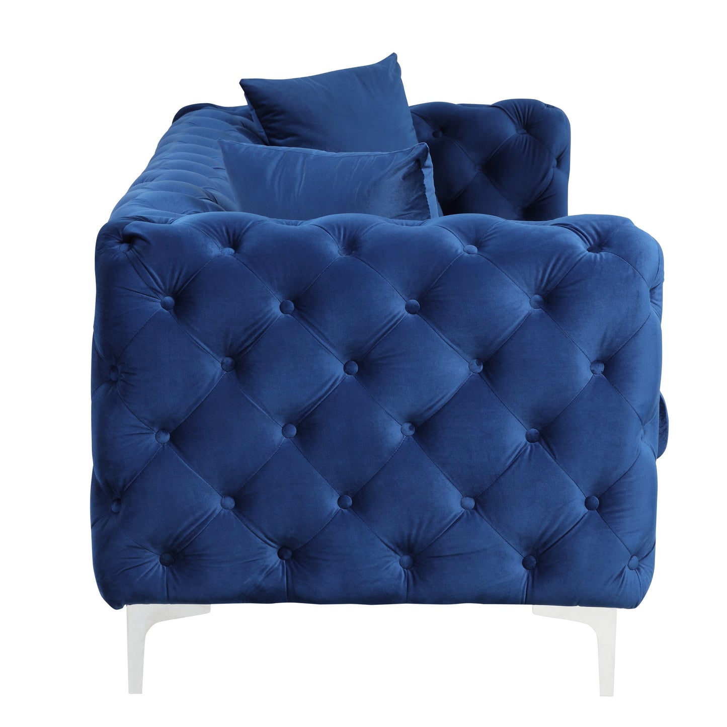 Divano moderno in velluto Morden Fort con bottoni trapuntati, struttura in legno massello e gambe in ferro