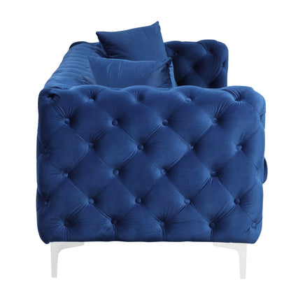 Divano moderno in velluto Morden Fort con bottoni trapuntati, struttura in legno massello e gambe in ferro