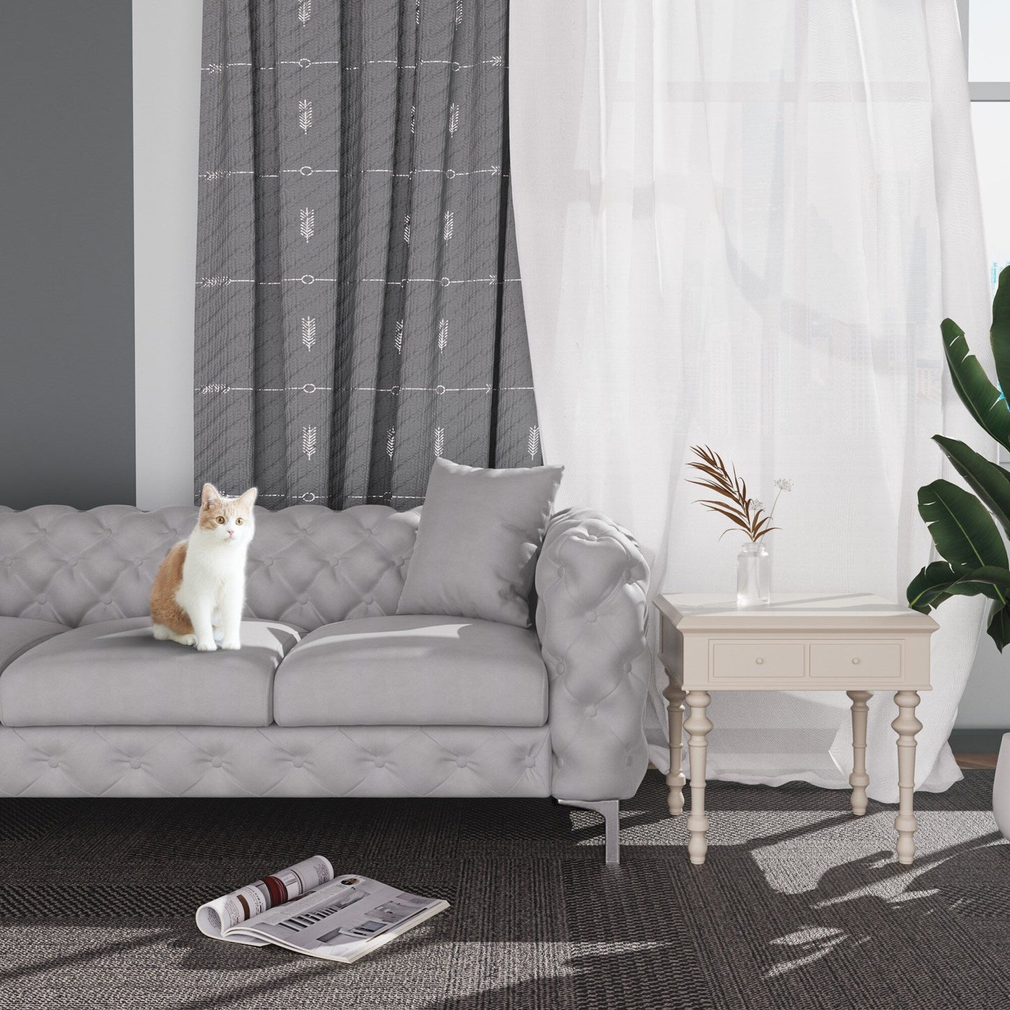 Divano moderno in velluto Morden Fort con bottoni trapuntati, struttura in legno massello e gambe in ferro