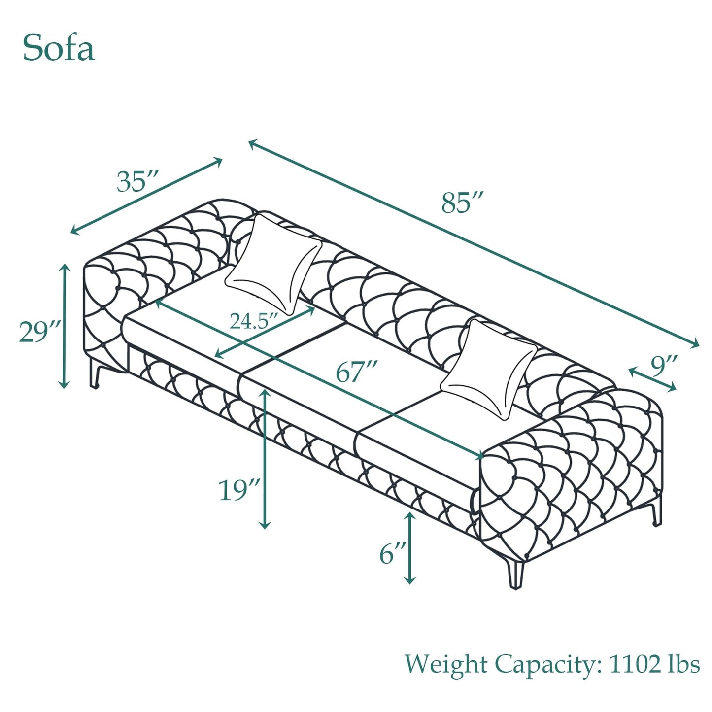 Divano moderno in velluto Morden Fort con bottoni trapuntati, struttura in legno massello e gambe in ferro