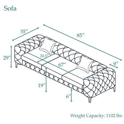 Divano moderno in velluto Morden Fort con bottoni trapuntati, struttura in legno massello e gambe in ferro