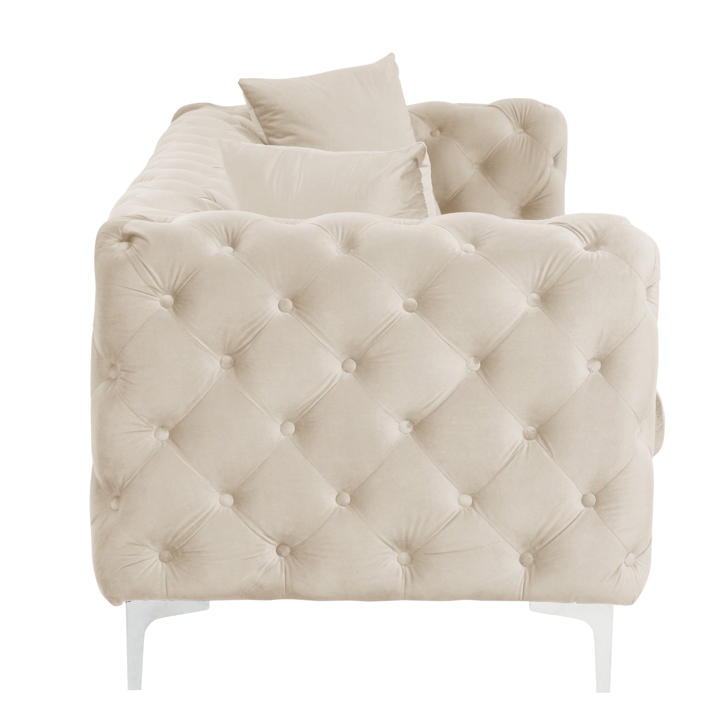 Divano moderno in velluto Morden Fort con bottoni trapuntati, struttura in legno massello e gambe in ferro