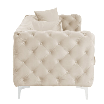 Divano moderno in velluto Morden Fort con bottoni trapuntati, struttura in legno massello e gambe in ferro