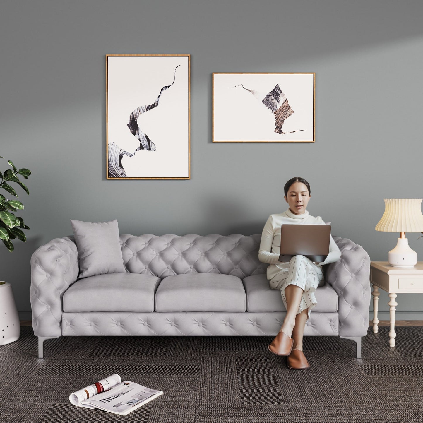 Divano moderno in velluto Morden Fort con bottoni trapuntati, struttura in legno massello e gambe in ferro