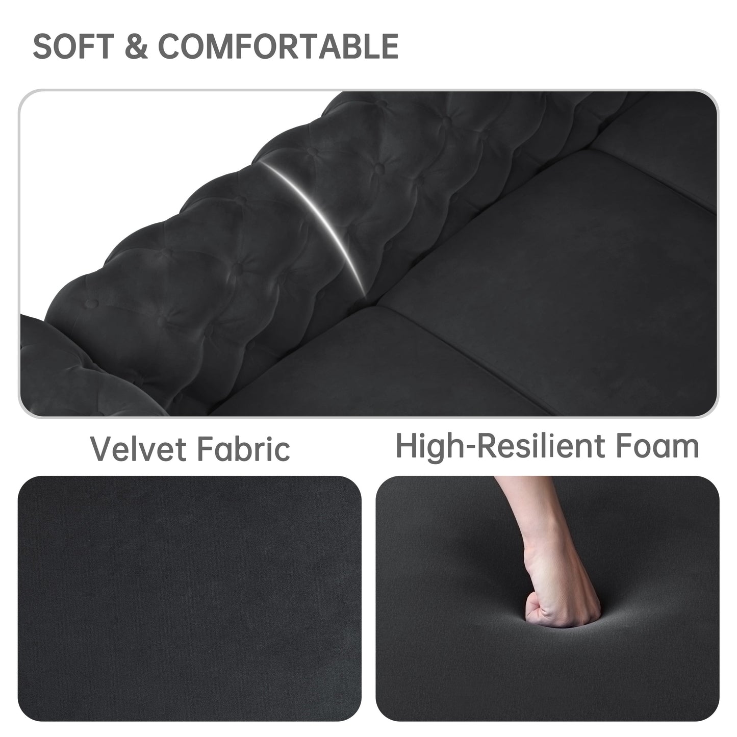 Divano moderno in velluto Morden Fort con bottoni trapuntati, struttura in legno massello e gambe in ferro