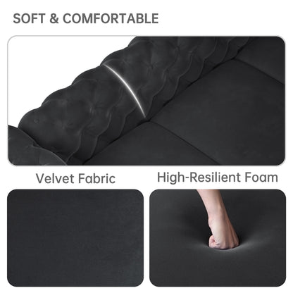 Divano moderno in velluto Morden Fort con bottoni trapuntati, struttura in legno massello e gambe in ferro