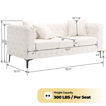 Divano moderno in velluto Morden Fort con bottoni trapuntati, struttura in legno massello e gambe in ferro