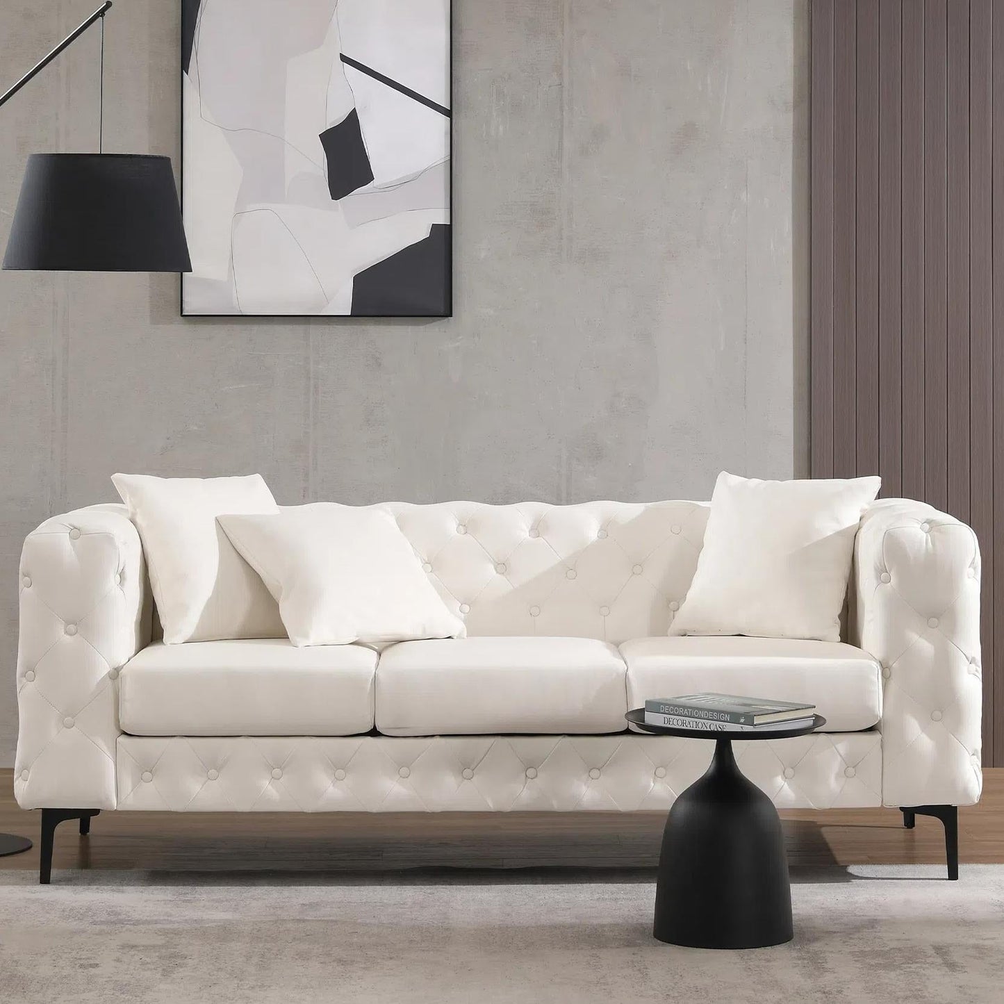 Divano moderno in velluto Morden Fort con bottoni trapuntati, struttura in legno massello e gambe in ferro