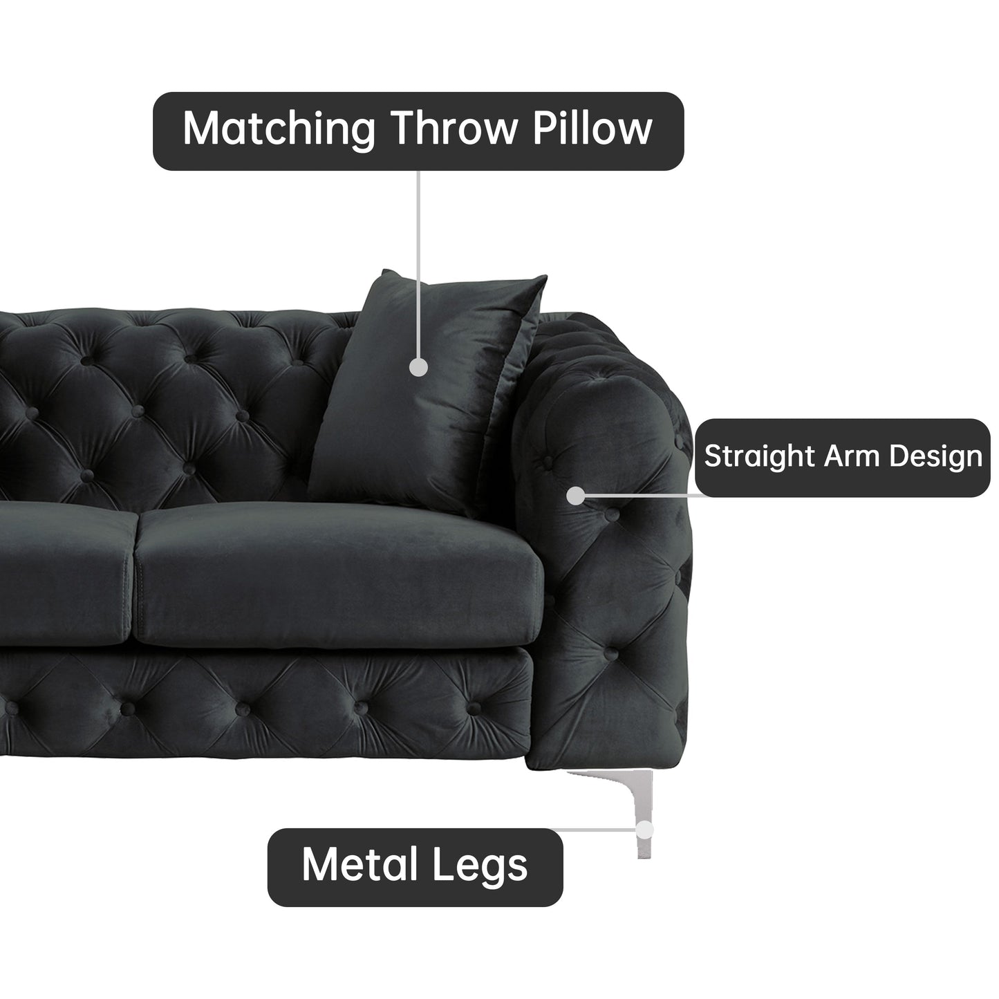 Divano moderno in velluto Morden Fort con bottoni trapuntati, struttura in legno massello e gambe in ferro